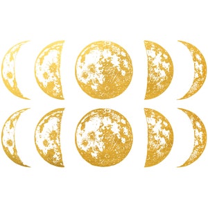 Può includere: Un set di otto fasi lunari in foglia d'oro, che mostrano le diverse fasi del ciclo lunare. Le fasi sono disposte in fila, a partire dalla luna nuova e terminando con la luna piena.