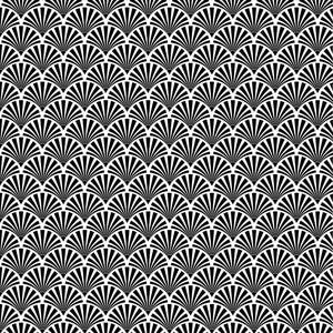 May include: Black and white geometric pattern with a repeating design of overlapping fan shapes.