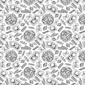 May include: A repeating pattern of black and white line art illustrations featuring various pasta shapes including ravioli, farfalle, penne, fusilli, and nests of fettuccine arranged across a plain white background in a dense, hand-drawn style.