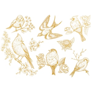 Könnte beinhalten: Eine digitale Illustration von goldenen Vögeln und Blumen. Die Vögel sitzen auf Ästen und Blumen. Die Illustration ist im Vintage-Stil.