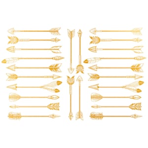 May include: A set of 20 gold-colored arrow illustrations. The arrows are drawn in a vintage style with feathers and points. The arrows are arranged in a grid pattern.