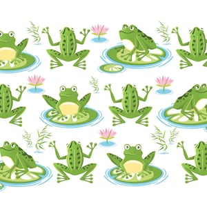 May include: A digital illustration of 12 green frogs sitting on lily pads. The frogs are cartoon-style and have large eyes and smiles. The lily pads are green and have white edges. The background is white.