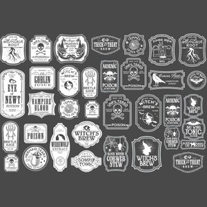 May include: A collection of 30 vintage Halloween potion bottle labels with spooky names and illustrations. The labels feature skulls, bats, spiders, and other Halloween imagery. The labels are in black and white and have a vintage, hand-drawn style.