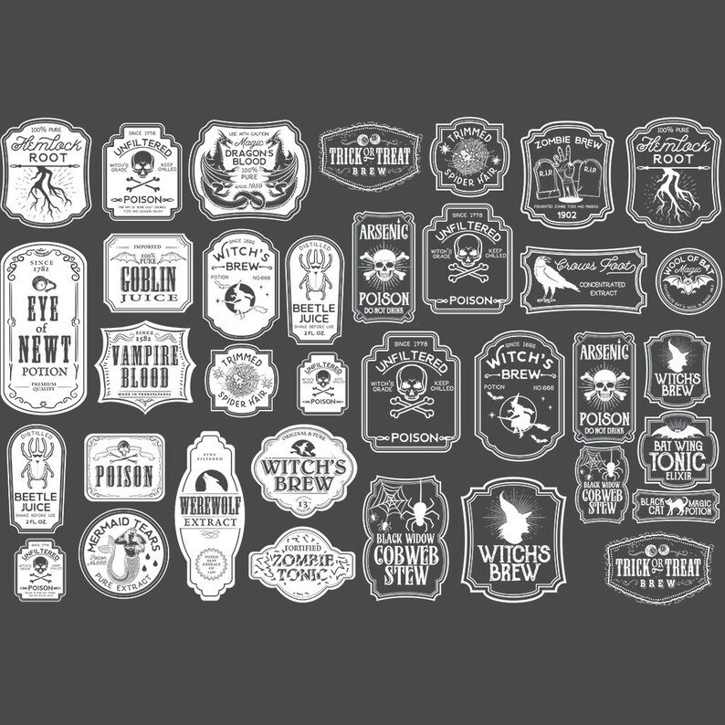 May include: A collection of 30 vintage Halloween potion bottle labels with spooky names and illustrations. The labels feature skulls, bats, spiders, and other Halloween imagery. The labels are in black and white and have a vintage, hand-drawn style.