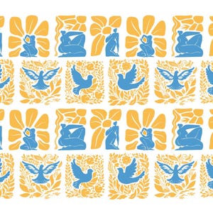 May include: A repeating pattern featuring alternating rows of blue figures and blue birds. The figures are set against yellow floral shapes, while the birds are surrounded by yellow foliage. The design uses a consistent blue and yellow colour palette.
