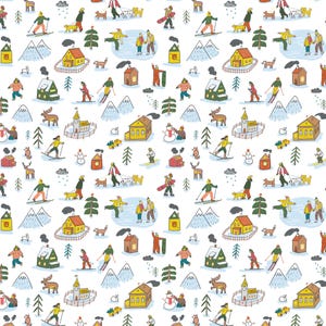 以下が含まれることがあります： スキーヤー、スケーター、家、木、山、犬や鹿などの動物の手描きのイラストが特徴の、気まぐれな冬をテーマにしたパターン。 デザインは、白い背景とカラフルなアクセントで繰り返される形式です。