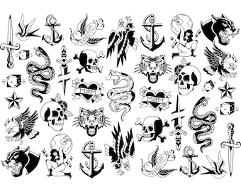 Separate Vintage Tattoos Old School Tattoo Flowers Digital Stickers Junk Journal Scrapbook Card making Retro Clipart Instant Download PNG