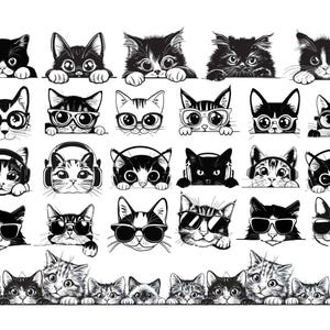 May include: A collection of black and white illustrations featuring various cats in different poses. Some cats wear glasses or headphones, while others are depicted with simple expressions. The cats are arranged in rows, showing their heads and paws.