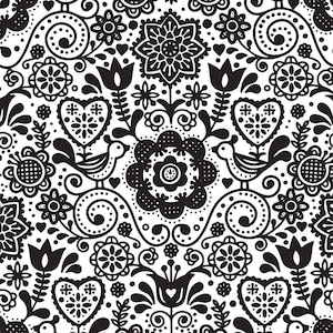 May include: Black and white seamless pattern with stylized flowers, hearts, birds, and swirls. The pattern is on a white background.