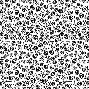 May include: A seamless pattern featuring black skulls and crossbones on a white background. The pattern is made up of repeating skulls and crossbones, with some skulls having a more detailed design than others.