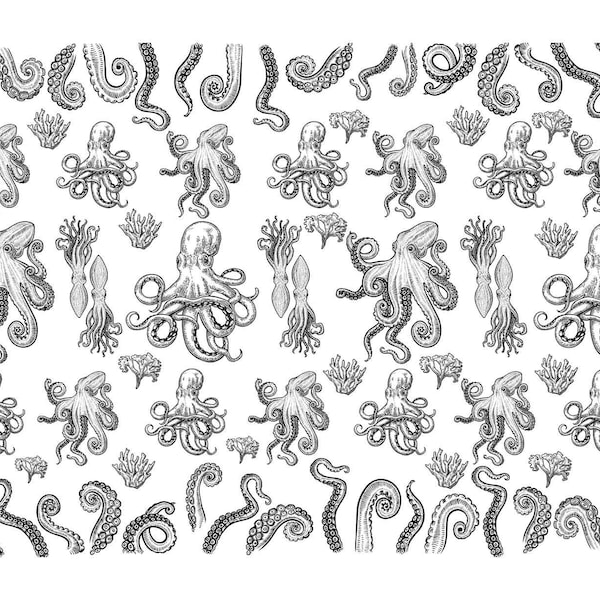 Puede incluir: Ilustración en blanco y negro de un patrón repetido de pulpos y calamares. La ilustración presenta varios pulpos con tentáculos, calamares con tentáculos y corales.