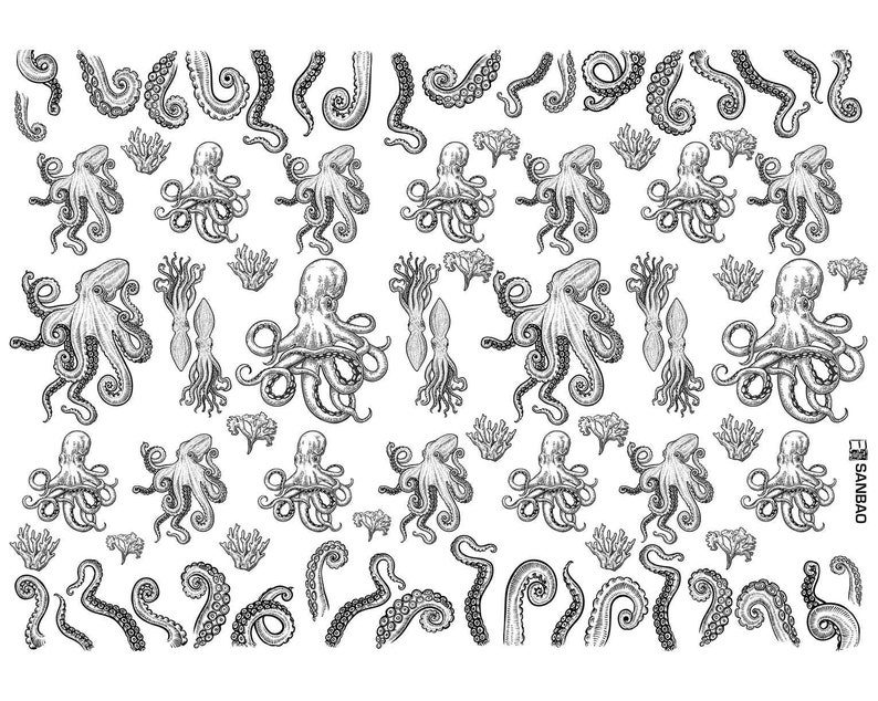 Op de afbeelding: Zwart-witte lijntekening van een herhalend patroon van octopussen en inktvissen. De illustratie toont meerdere octopussen met tentakels, inktvissen met tentakels en koraal.