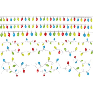 Peut inclure: Plusieurs guirlandes lumineuses colorées dans différents designs. Les lumières sont rouges, jaunes, vertes et bleues, avec un style simple de dessin au trait. L'image présente plusieurs rangées de lumières, parfaites pour les décorations de fêtes.