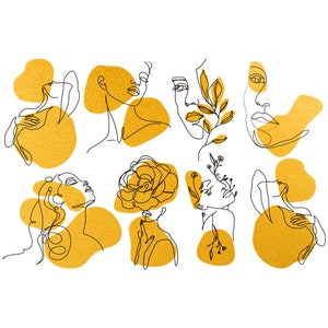 May include: A set of nine line art illustrations featuring faces, flowers, and abstract shapes. The illustrations are in black and white and are set against a yellow background.