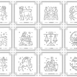 Può includere: Un'illustrazione in bianco e nero a linea dei 12 segni zodiacali. Ogni segno è rappresentato in una cornice quadrata con il suo nome scritto sotto. I segni sono Ariete, Toro, Gemelli, Cancro, Leone, Vergine, Bilancia, Scorpione, Sagittario, Capricorno, Acquario e Pesci.