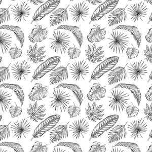 Puede incluir: Dibujo en blanco y negro de hojas y plantas tropicales, incluyendo hojas de palmera, hojas de monstera y helechos. El patrón es sin costuras y se repite.