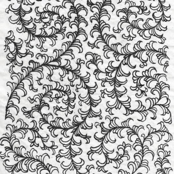 Könnte beinhalten: Eine Schwarzweißillustration eines sich wiederholenden Musters aus stilisierten Blättern. Die Blätter sind in einem wirbelnden, organischen Stil gezeichnet, was ein Gefühl von Bewegung und Fluss erzeugt.