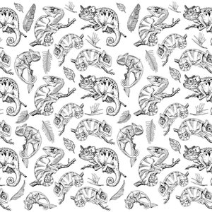 May include: Black and white line art illustration of a repeating pattern of chameleons and tropical leaves. The chameleons are drawn in a realistic style with detailed scales and features.