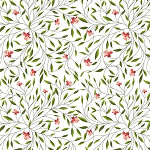 Puede incluir: Un patrón sin costuras que presenta delicadas vides verdes en espiral con pequeñas flores rosas. El diseño es perfecto para crear una estética caprichosa y romántica.