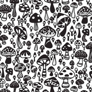 May include: A black and white seamless pattern featuring various types of mushrooms. The mushrooms are drawn in a simple, cartoon style and are arranged in a random pattern.