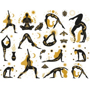 May include: A set of 14 black and gold illustrations of women in various yoga poses. The illustrations are surrounded by stars, moons, suns, and other celestial symbols.