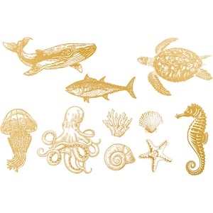 May include: A set of gold-colored illustrations of various sea creatures, including a whale, a turtle, a fish, an octopus, a jellyfish, a seahorse, a starfish, a seashell, and coral.