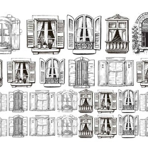 Könnte beinhalten: Eine Sammlung von 25 handgezeichneten Illustrationen verschiedener Fensterdesigns. Jedes Fenster ist in schwarzer Tinte gezeichnet und zeigt verschiedene Stile, darunter Einfachglas-, Mehrfachglas-, Bogen- und Fensterläden.