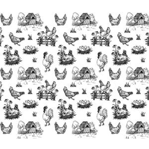 Puede incluir: Patrón repetitivo en blanco y negro con gallinas, gallos, nidos con huevos, casitas y vallas. Las ilustraciones detalladas crean un tema rústico y de granja.