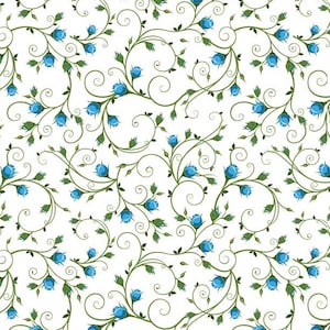 May include: A seamless pattern featuring delicate green vines with blue flower buds. The vines are intertwined and curl in a whimsical design against a white background.