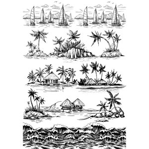 May include: Black and white hand-drawn illustrations of tropical scenes. The illustrations include palm trees, sailboats, huts, and waves.
