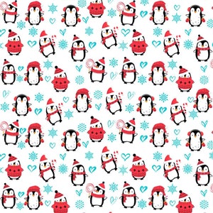 Könnte beinhalten: Ein nahtloses Muster mit niedlichen Pinguinen, die rote Mützen und Schals tragen und Zuckerstangen und Lutscher halten. Der Hintergrund ist weiß mit blauen Schneeflocken und Herzen.