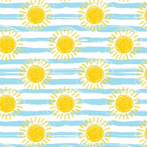 May include: A seamless pattern featuring yellow suns with white outlines on a blue and white striped background. The suns are drawn in a simple, childlike style.