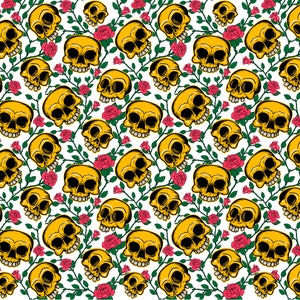 May include: A seamless pattern featuring yellow skulls with white eyes and teeth, surrounded by green leaves and pink roses.