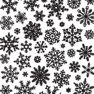 May include: A seamless pattern of black snowflakes on a white background. The snowflakes are of various sizes and shapes, creating a festive and wintry design.