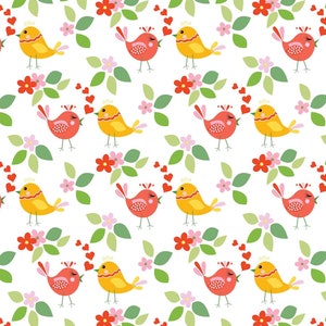 Puede incluir: Un patrón sin costuras con pájaros rojos y amarillos con corazones volando entre ellos. Los pájaros están rodeados de hojas verdes y flores rosas y rojas.