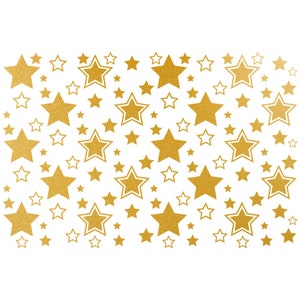 Pode incluir: Um fundo branco com um padrão de estrelas douradas de glitter de diferentes tamanhos. As estrelas estão espalhadas aleatoriamente pelo fundo.
