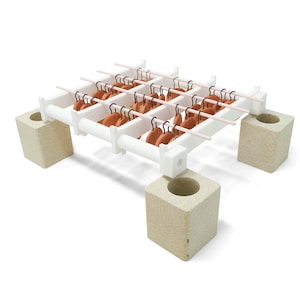 May include: A white ceramic drying rack with multiple rows of small, round, terracotta-colored objects hanging from black hooks. The rack is supported by four beige ceramic blocks.