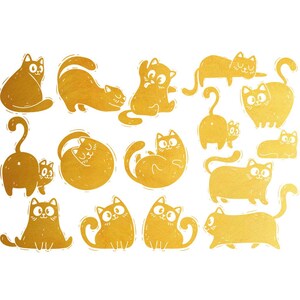 Może przedstawiać: Zestaw 15 złotych ilustracji kotów w różnych pozach. Koty są narysowane w prostym, kreskówkowym stylu z białymi konturami.