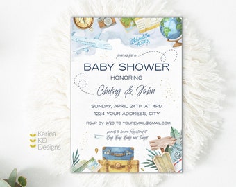Pode incluir: Um convite para chá de bebê com tema de viagem. O convite apresenta ilustrações em aquarela de um globo, um avião e bagagem. O texto diz "Baby Shower" e inclui os nomes Chelsey & John, a data, a hora, o endereço e as informações de RSVP.