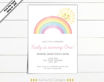 May include: A rainbow-colored watercolor illustration of a rainbow with a smiling sun above it. The text "Our Little Sunshine Kaily is turning One!" is written in pink. The text "Saturday, August 4th at 4:00 PM" is written in black. The text "Location 1234 Your Address City, Zip" is written in black. The text "RSVP Julie at youremail@gmail.com or text 123.456.7890" is written in black. The text "→→→→→→Karina KD Designs←←←←←←" is written in gold. The text "Visit us at www.etsy.com/shop/karinaKDdesigns | Follow f @karinaKDdesigns" is written in black.