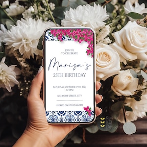 Bougainvillea + Blue Tile Text ONLY Invitation