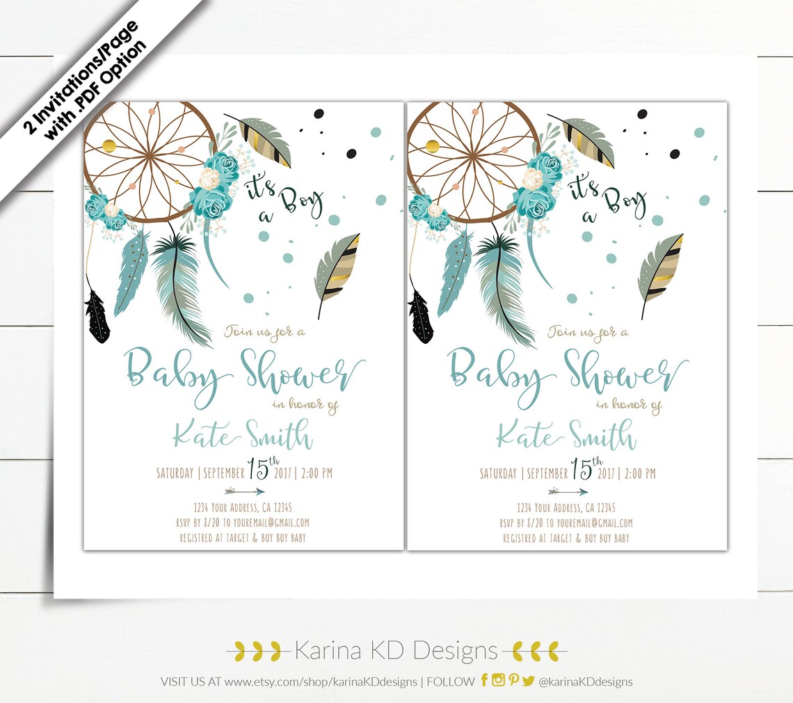 Dream Catcher Feather/Boho Baby Shower 5x7 Invitation Etsy
