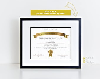 May include: A printable certificate of appreciation with a gold ribbon and a gold seal. The text reads "Certificate of Appreciation" and "This award is presented to [Name Here] Congratulations".