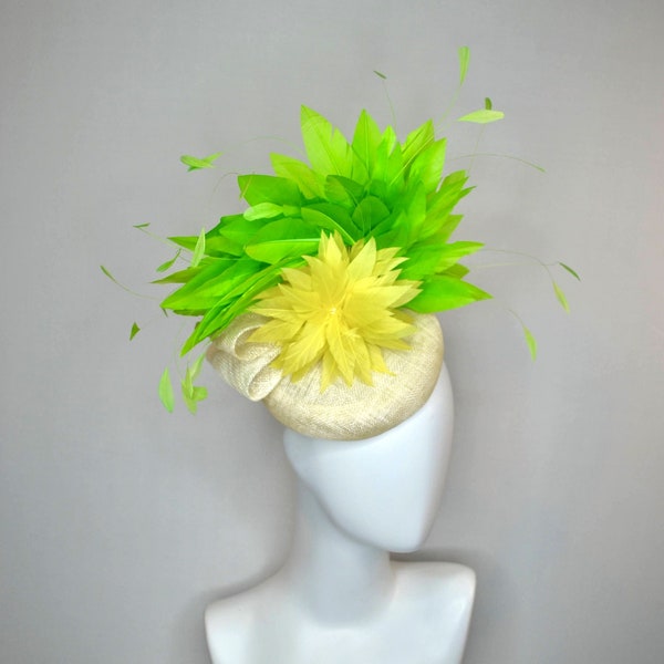 kentucky derby hat fascinator ivory sinamay base yellow feather flower with lime green feathers