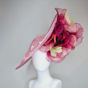 kentucky derby hat fascinator large light blush pink lavender sinamay saucer sequin jewel flowers maroon red organze rose green feathers