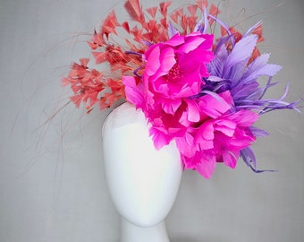 kentucky derby hat fascinator large bright pink feather flowers coral orange and purple lavender violet feathers thin headband