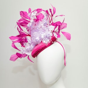 kentucky derby hat fascinator magenta fuchsia hot pink satin with bright pink feathers lavender light purple satin flowers pearls leaves