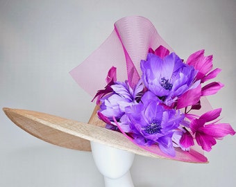 kentucky derby hat large wide brim sinamay neutral beige hat with violet pink feathers purple lavender  fluffy feather flowers