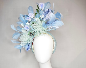 kentucky derby hat fascinator blue rhinestone crystal headband with light green mint and blue silk flowers and leaves light blue feathers