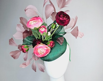 kentucky derby hat fascinator emerald green sinamay with sinamay bow ombre pink burgundy red satin roses dusty rose pink branching feathers